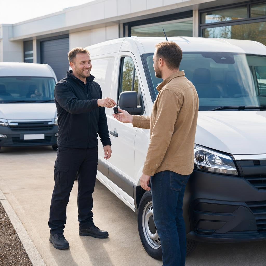 A customer receiving keys beside a clean hire van on a vehicle hire forecourt.