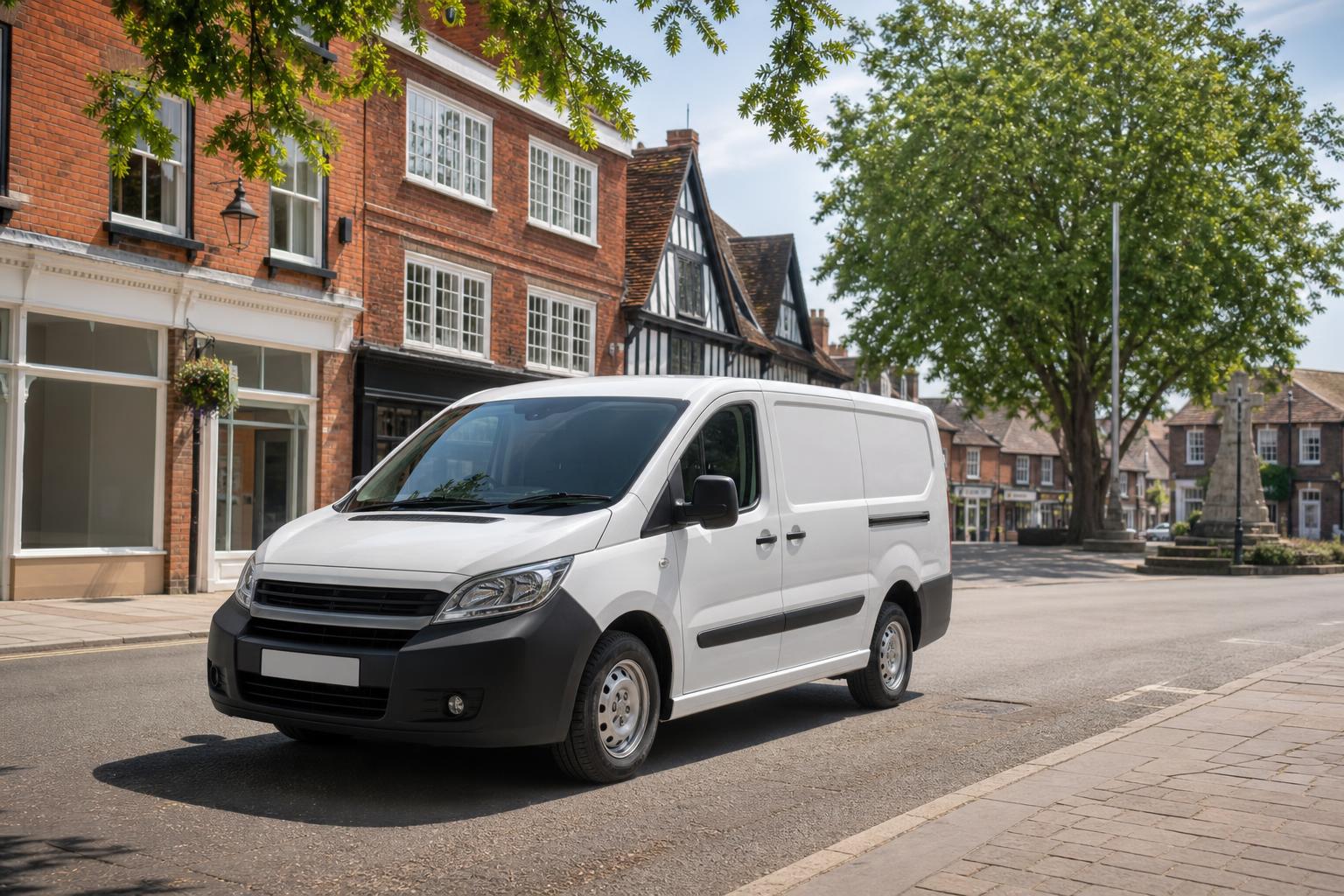 Rental van parked near Romsey with town surroundings in view