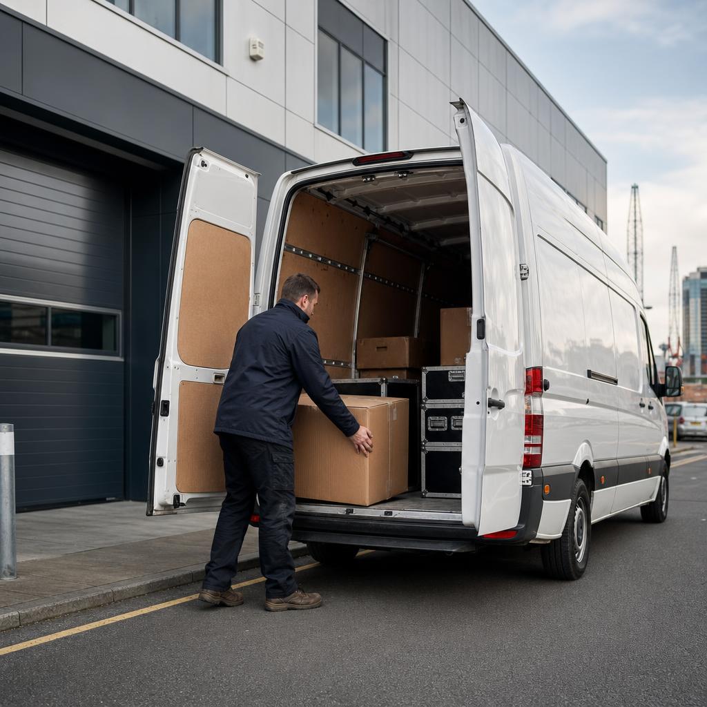 A business customer loading equipment into a hired van in Southampton.