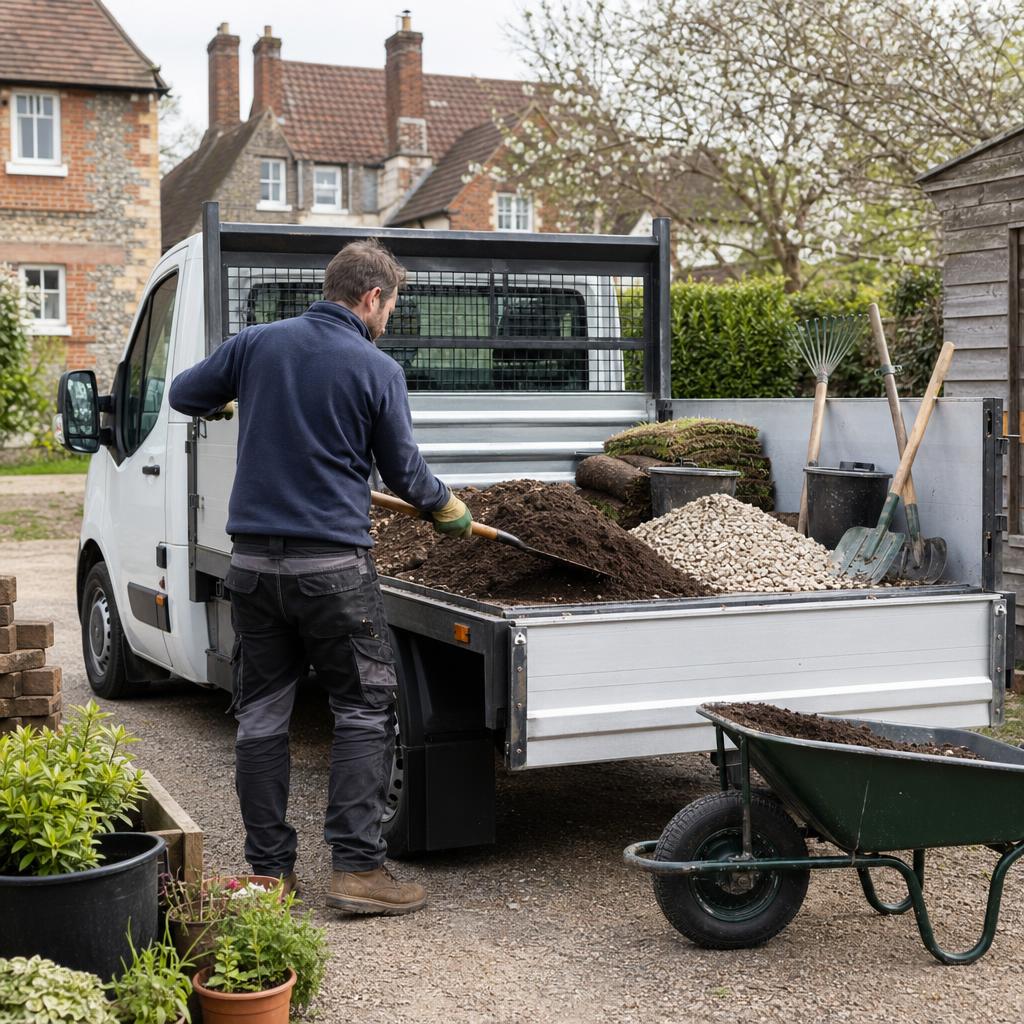 A hire tipper-style vehicle being loaded with garden materials near Romsey.