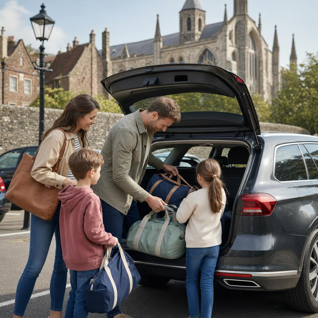 A family loading bags into a hired estate car in Winchester.