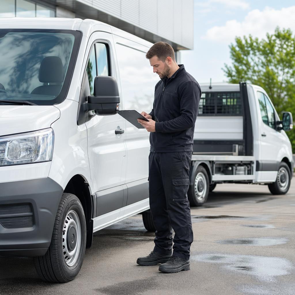 A staff member checking a clean hire van on a forecourt in Eastleigh.