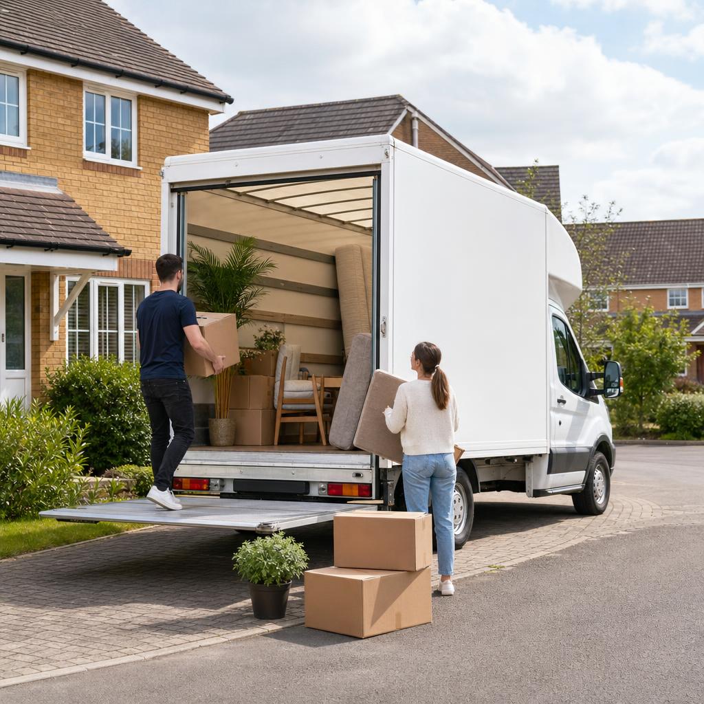 People loading furniture into a hired Luton van on a residential drive in Totton.