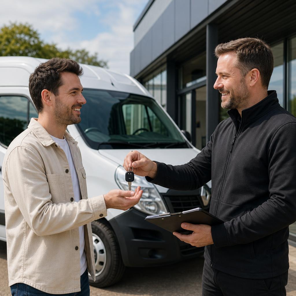 A customer receiving keys beside a hire van in Chandler's Ford.